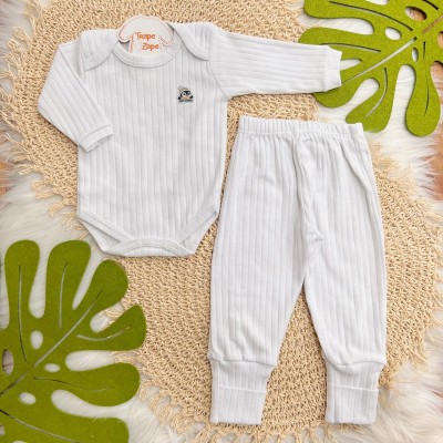 Conj. Body Manga Longa Pinguim e Calça Canelada - Off White